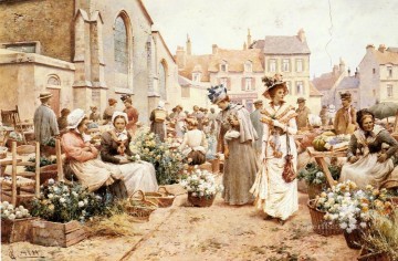  Red Art - Jr Alfred Augustus Flower Market In A French Town Alfred Glendening